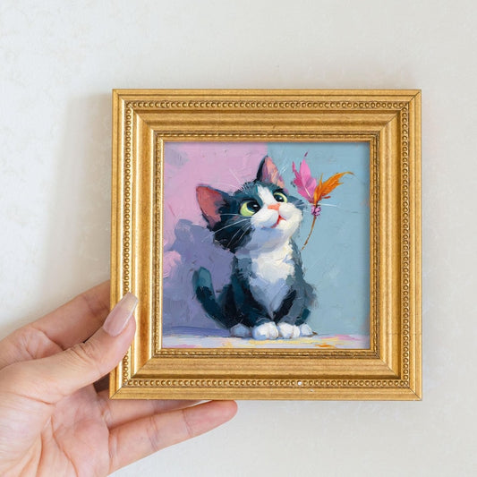 Miniature Kitty Oil Painting: Cat Portrait with Butterfly in Golden Frame