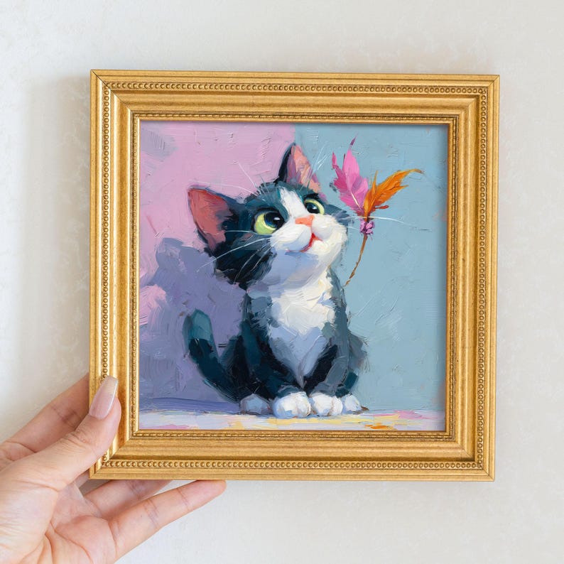 Miniature Kitty Oil Painting: Cat Portrait with Butterfly in Golden Frame