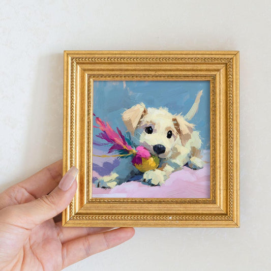 Mini Oil Painting: Dog Portrait with Toy in Golden Frame