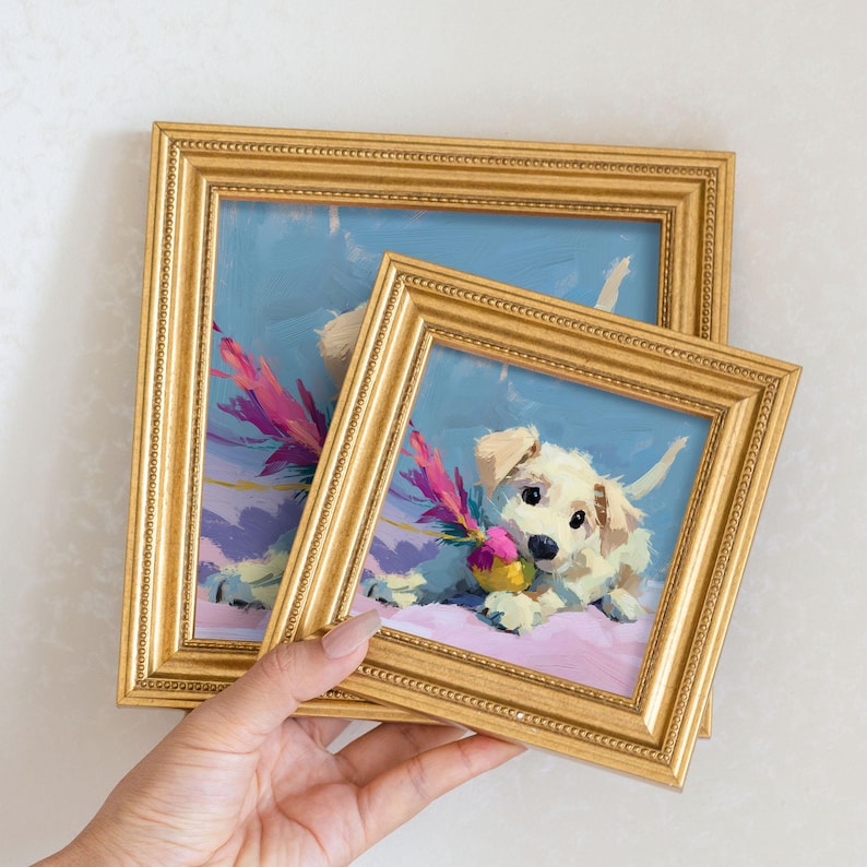 Mini Oil Painting: Dog Portrait with Toy in Golden Frame