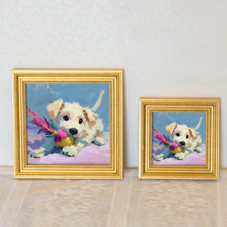 Mini Oil Painting: Dog Portrait with Toy in Golden Frame