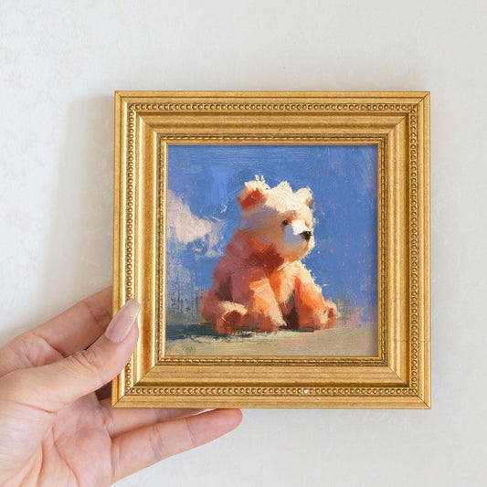 Miniature Bear Oil Painting: Golden Beaded Frame, Nursery Wall Art