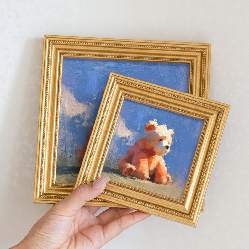 Miniature Bear Oil Painting: Golden Beaded Frame, Nursery Wall Art