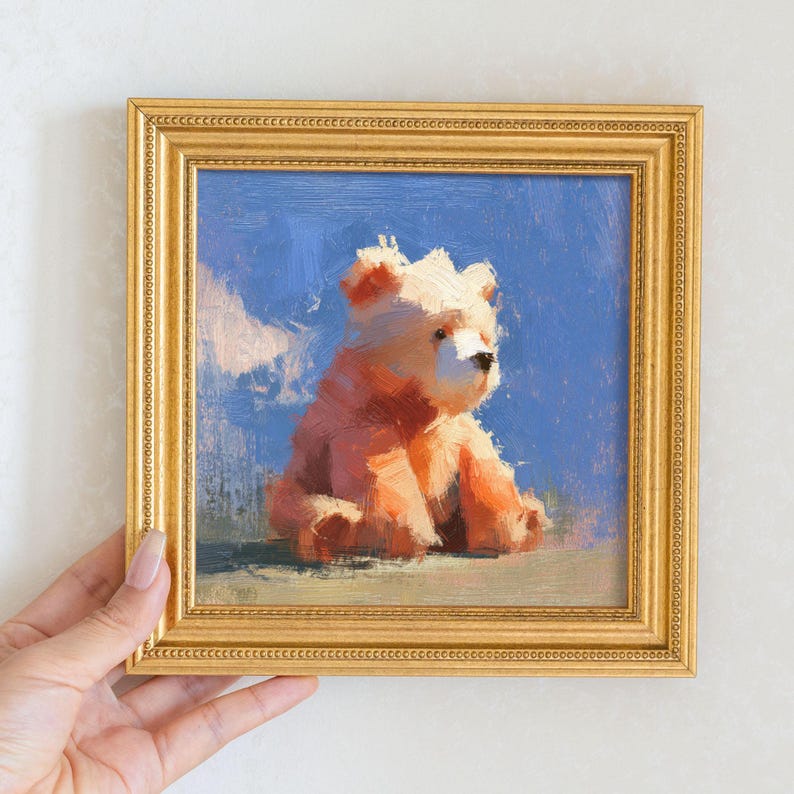 Miniature Bear Oil Painting: Golden Beaded Frame, Nursery Wall Art