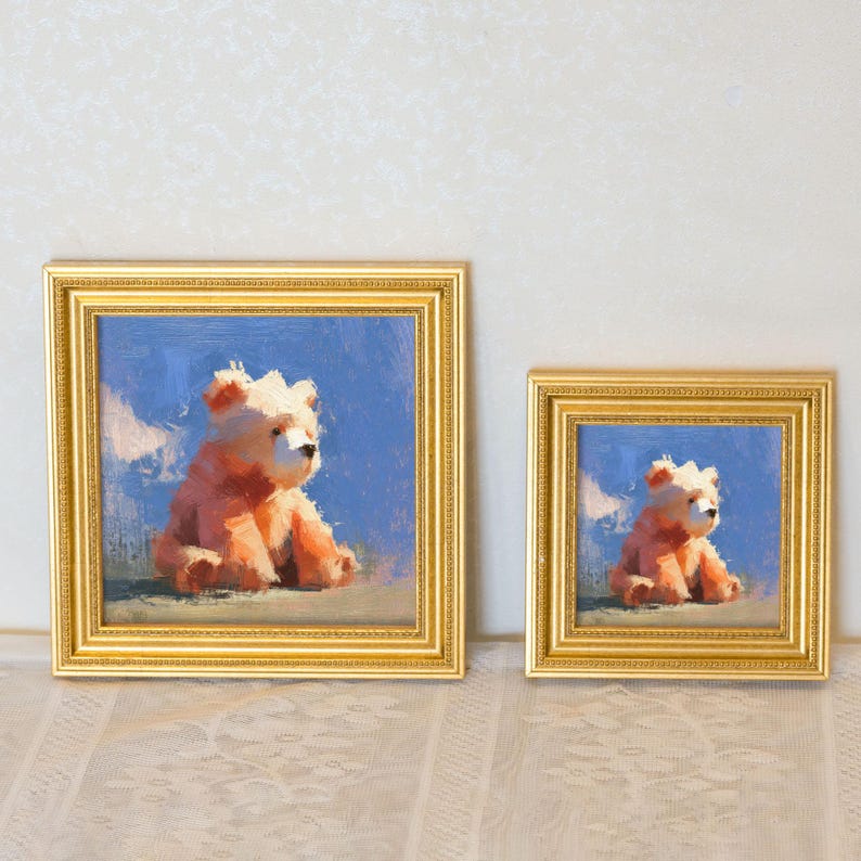Miniature Bear Oil Painting: Golden Beaded Frame, Nursery Wall Art