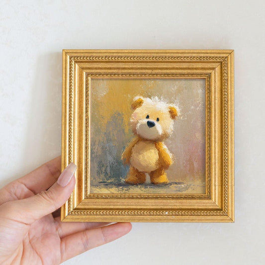 Miniature Bear Oil Painting: Golden Beaded Frame, Nursery Wall Art