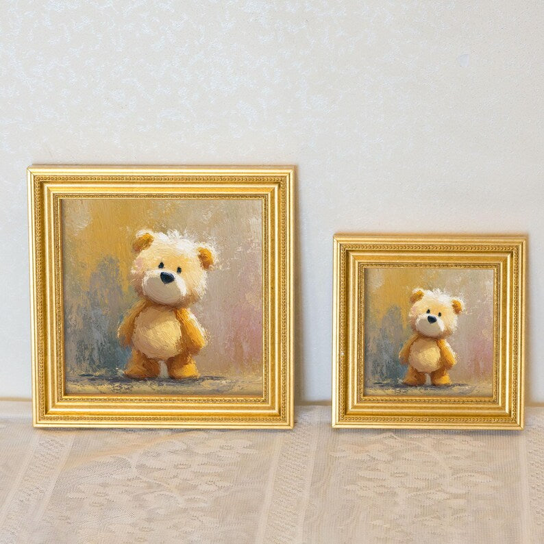 Miniature Bear Oil Painting: Golden Beaded Frame, Nursery Wall Art