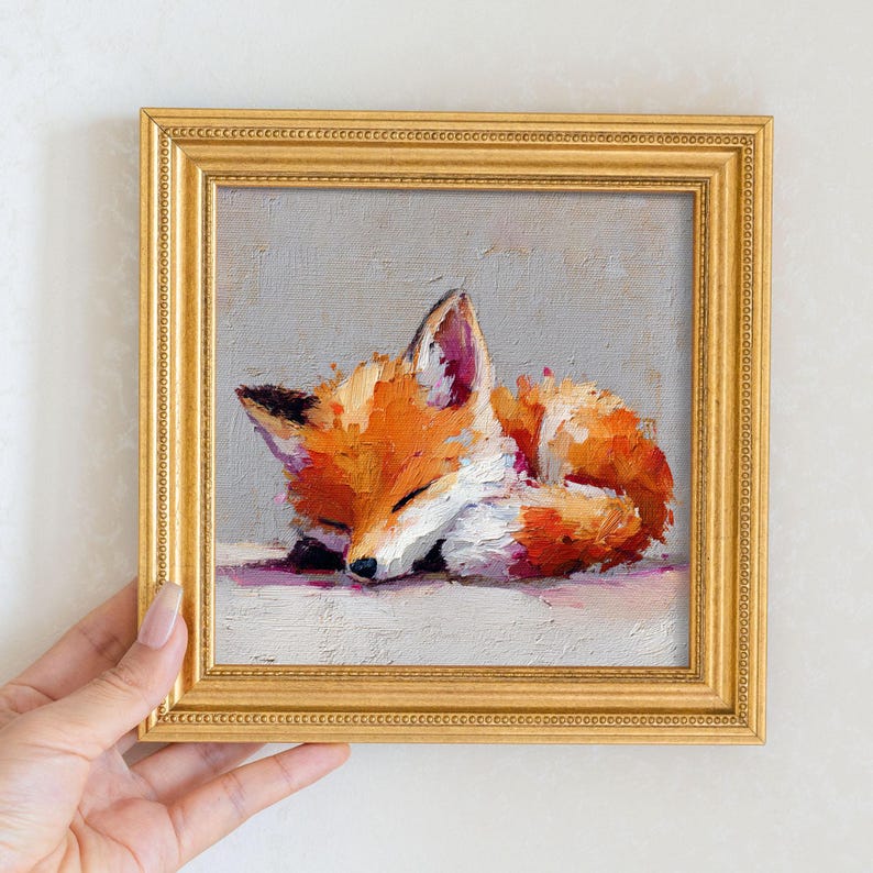 Mini Fox Oil Painting: Golden Beaded Frame, Woodland Animal Art
