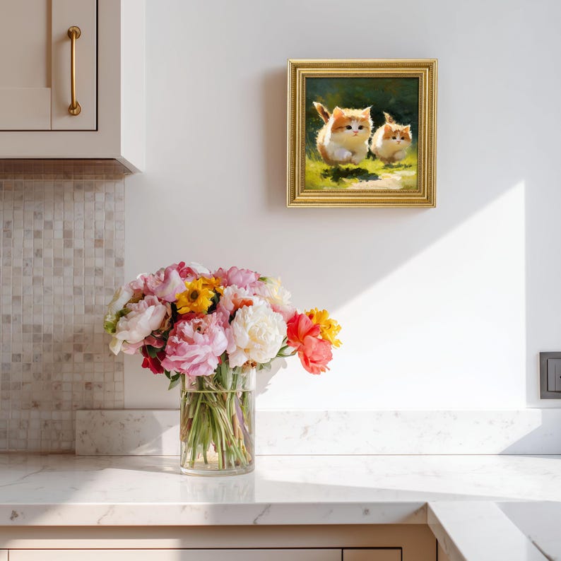 Miniature Oil Painting: Playful Cats in Golden Beaded Frame