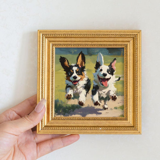 Mini Corgi Oil Painting: Playful Puppy Portrait in Golden Beaded Frame