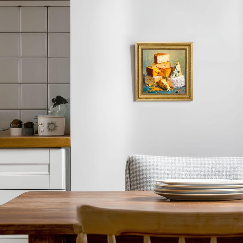 Mini Cheese Still Life Oil Painting: Rustic Kitchen Art in Golden Frame
