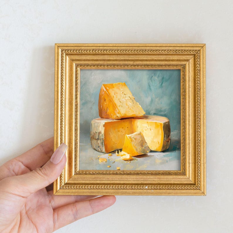 Mini Cheese Still Life Oil Painting-Rustic Kitchen Wall Art in Golden Beaded Frame-Hand-Painted Food Artwork-Home Decor Gift For Foodie