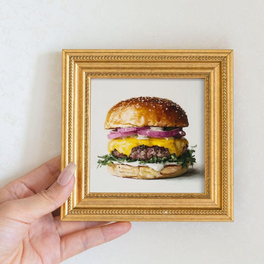 Mini Hamburger Oil Painting: Realistic Food Art in Golden Frame