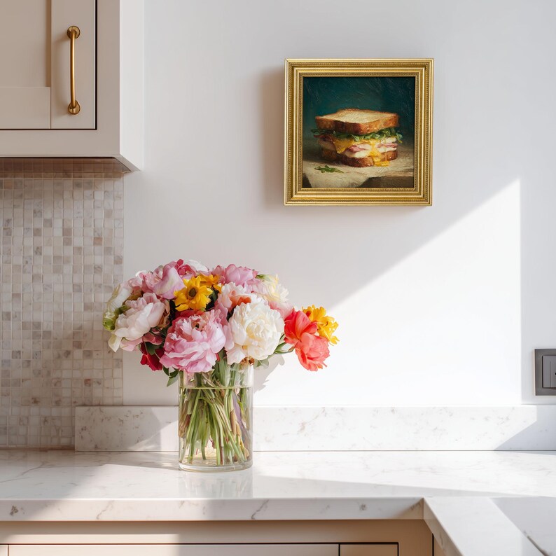 Mini Sandwich Oil Painting: Golden Frame Kitchen Still Life Art
