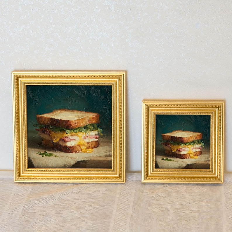 Mini Sandwich Oil Painting: Golden Frame Kitchen Still Life Art