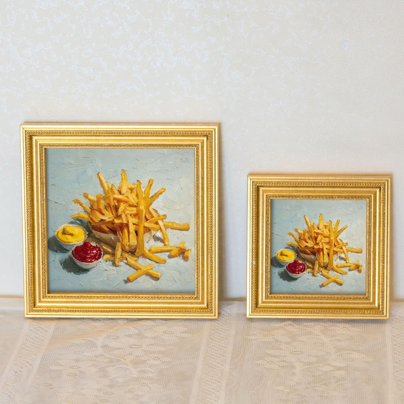Mini French Fries Oil Painting: Golden Beaded Frame, Rustic Kitchen Decor