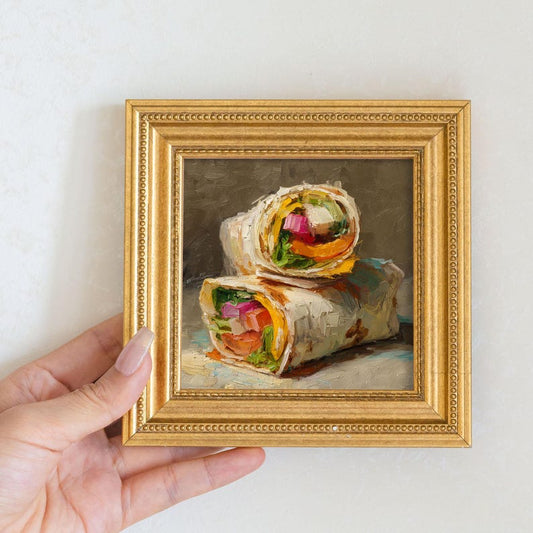 Mini Burrito Oil Painting: Rustic Kitchen Still Life in Golden Frame