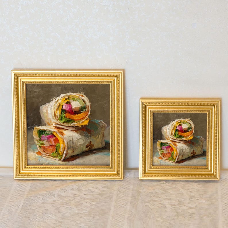 Mini Burrito Oil Painting: Rustic Kitchen Still Life in Golden Frame