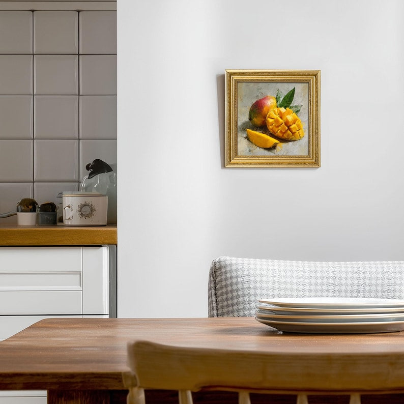 Mini Mango Oil Painting-Fresh Still Life Fruit Artwork in Golden Beaded Frame-Hand-Painted Rustic Kitchen Wall Decor-Gift for Him or Her