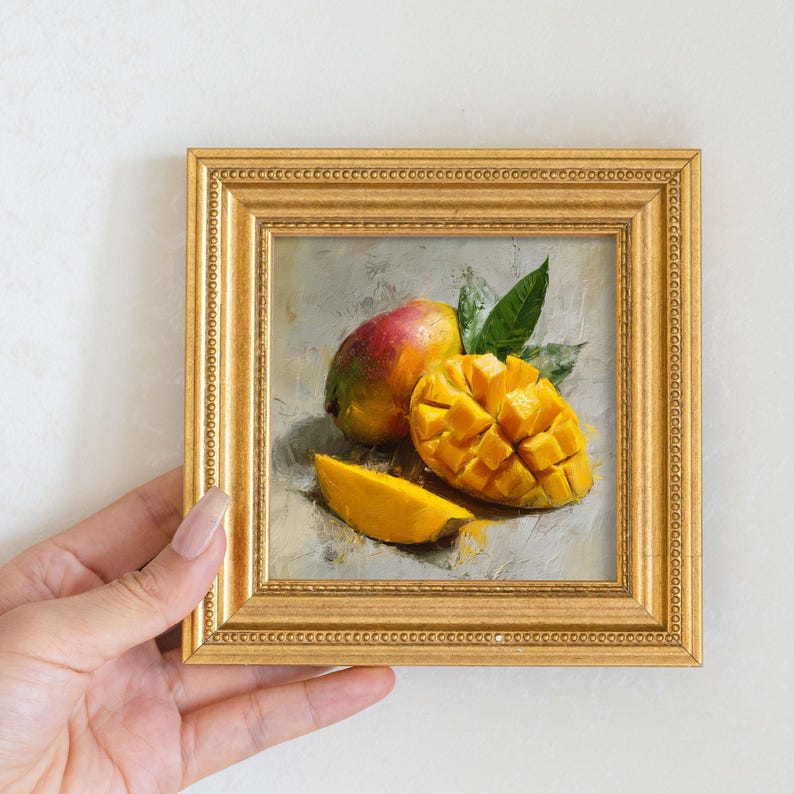 Mini Mango Oil Painting-Fresh Still Life Fruit Artwork in Golden Beaded Frame-Hand-Painted Rustic Kitchen Wall Decor-Gift for Him or Her