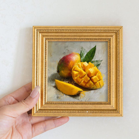 Mini Mango Oil Painting-Fresh Still Life Fruit Artwork in Golden Beaded Frame-Hand-Painted Rustic Kitchen Wall Decor-Gift for Him or Her