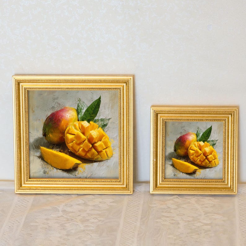 Mini Mango Oil Painting-Fresh Still Life Fruit Artwork in Golden Beaded Frame-Hand-Painted Rustic Kitchen Wall Decor-Gift for Him or Her