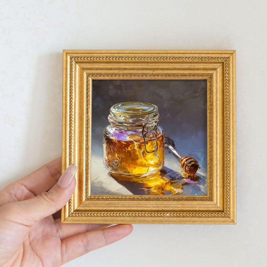Mini Honey Jar Oil Painting-Still Life Food Artwork in Golden Beaded Frame-Hand-Painted Rustic Kitchen Wall Decor-Gift for Food Art Lover