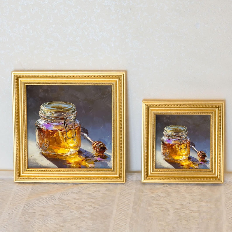 Mini Honey Jar Oil Painting-Still Life Food Artwork in Golden Beaded Frame-Hand-Painted Rustic Kitchen Wall Decor-Gift for Food Art Lover