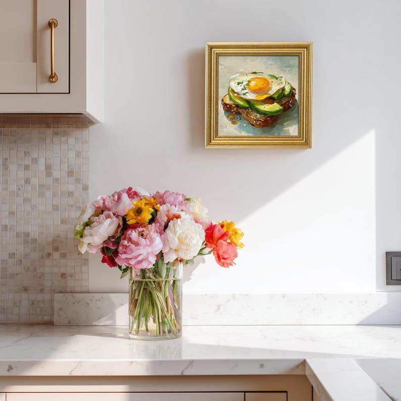 Mini Avocado Toast Oil Painting: Golden Framed Kitchen Decor
