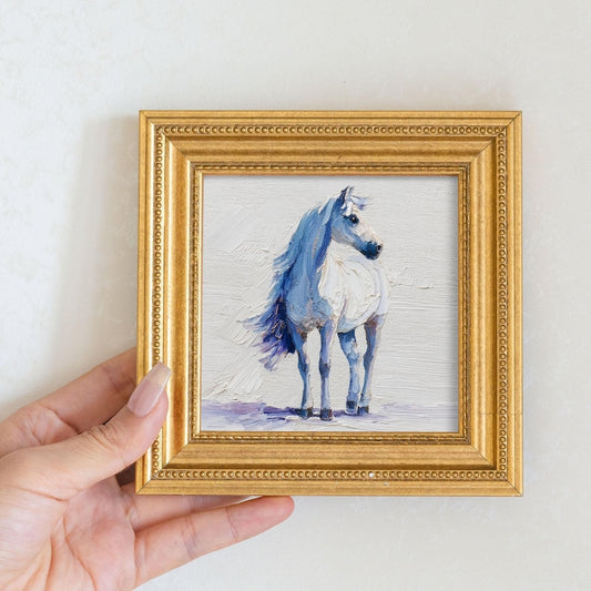 Miniature White Horse Oil Painting - Golden Beaded Frame - Animal Portrait