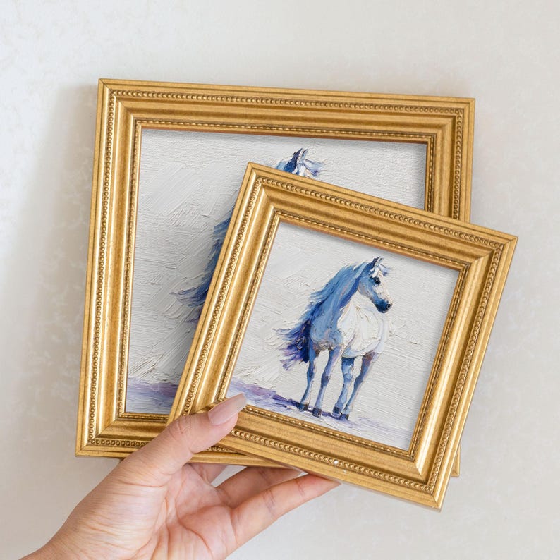 Miniature White Horse Oil Painting - Golden Beaded Frame - Animal Portrait