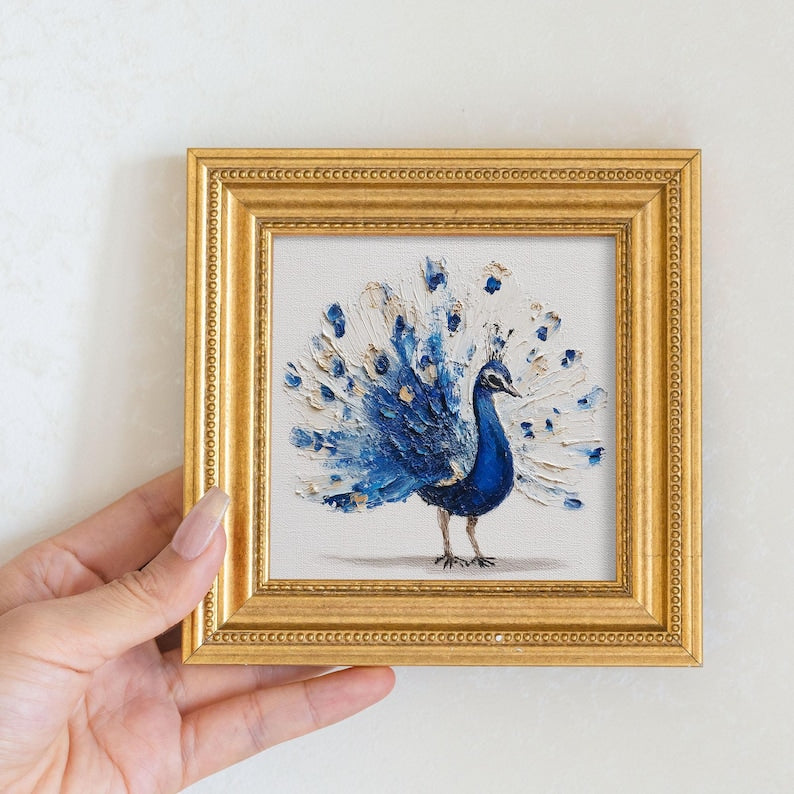 Mini Peacock Oil Painting: Vibrant Bird Portrait in Golden Beaded Frame