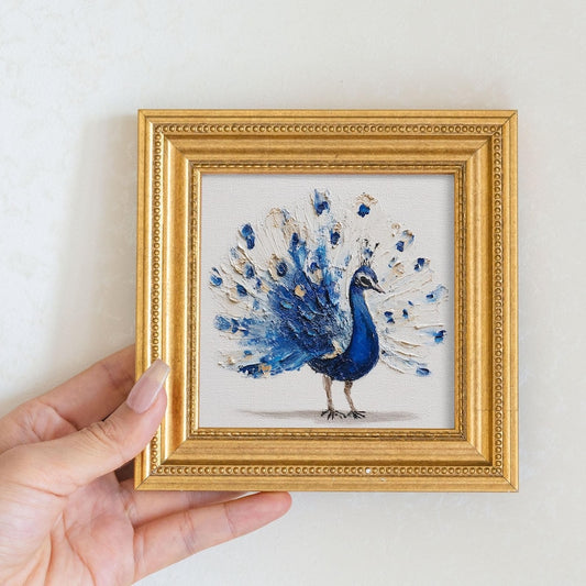 Mini Peacock Oil Painting: Vibrant Bird Portrait in Golden Beaded Frame