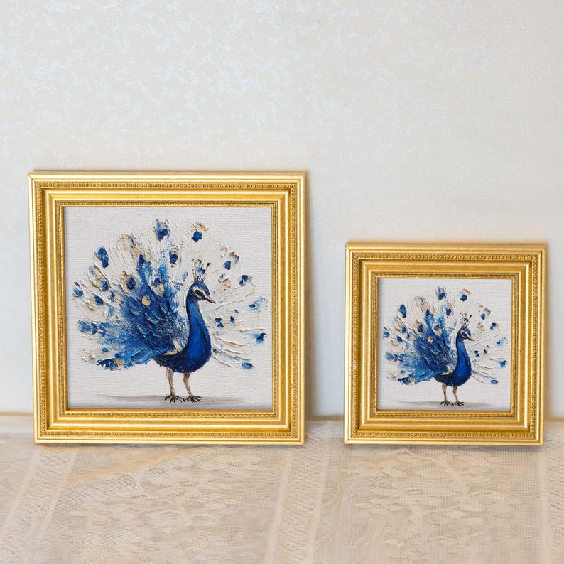 Mini Peacock Oil Painting: Vibrant Bird Portrait in Golden Beaded Frame