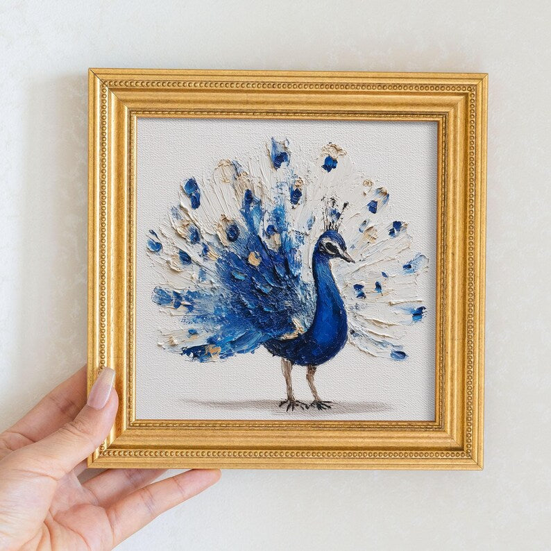 Mini Peacock Oil Painting: Vibrant Bird Portrait in Golden Beaded Frame