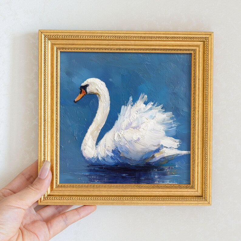 Original Swan Oil Painting: Mini Elegant Bird Living Room Wall Art Decor Gift