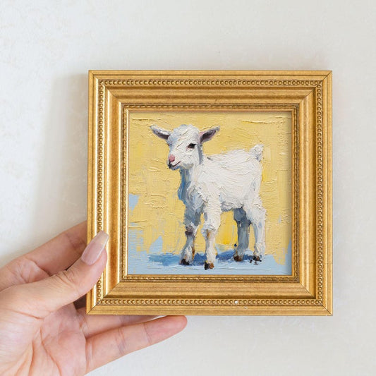 Mini Goat Oil Painting: Golden Frame Farmhouse Wall Art