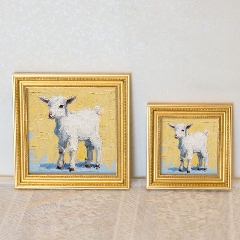 Mini Goat Oil Painting: Golden Frame Farmhouse Wall Art