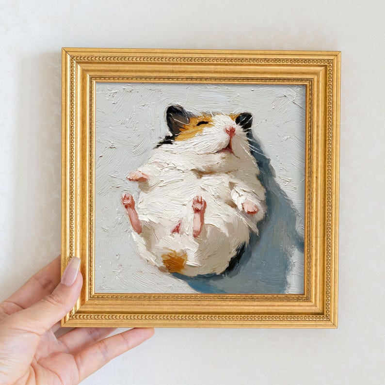Mini Hamster Oil Painting in Golden Frame: Adorable Pet Portrait