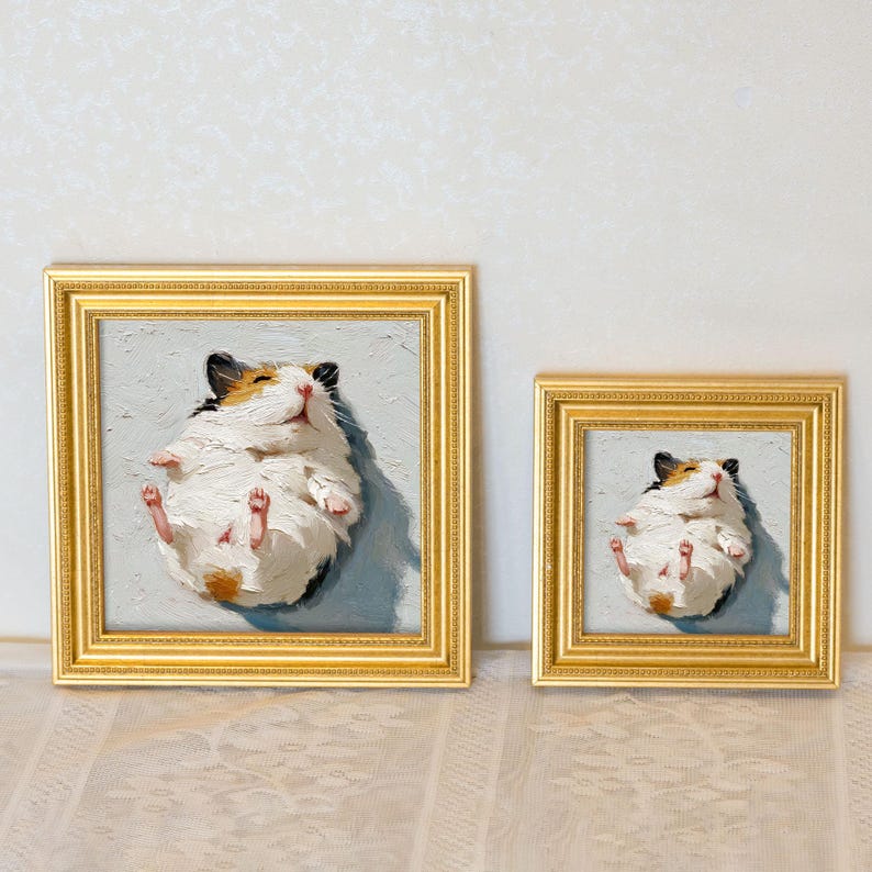 Mini Hamster Oil Painting in Golden Frame: Adorable Pet Portrait