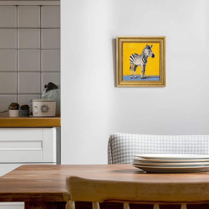 Mini Zebra Oil Painting: Hand-Painted Wildlife Art in Gold Frame