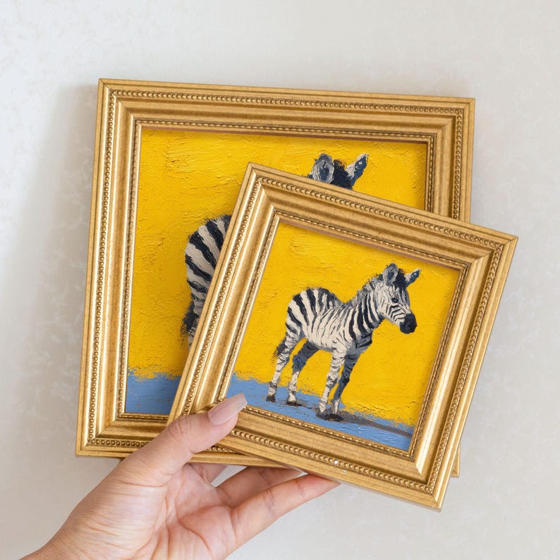 Mini Zebra Oil Painting: Hand-Painted Wildlife Art in Gold Frame