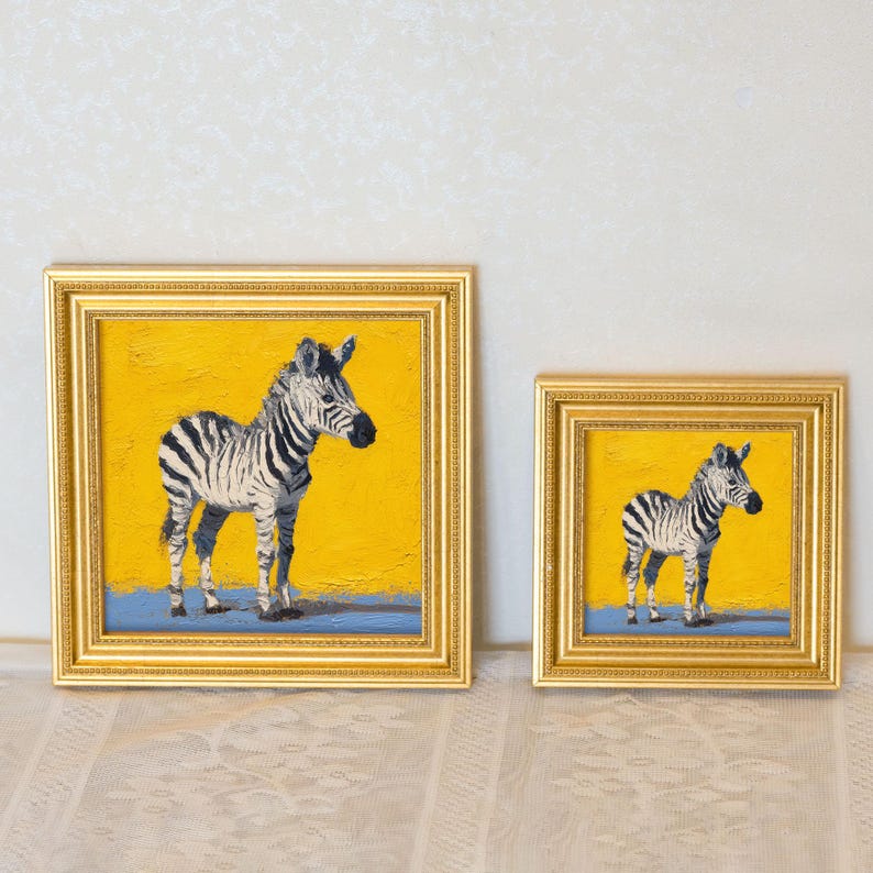 Mini Zebra Oil Painting: Hand-Painted Wildlife Art in Gold Frame