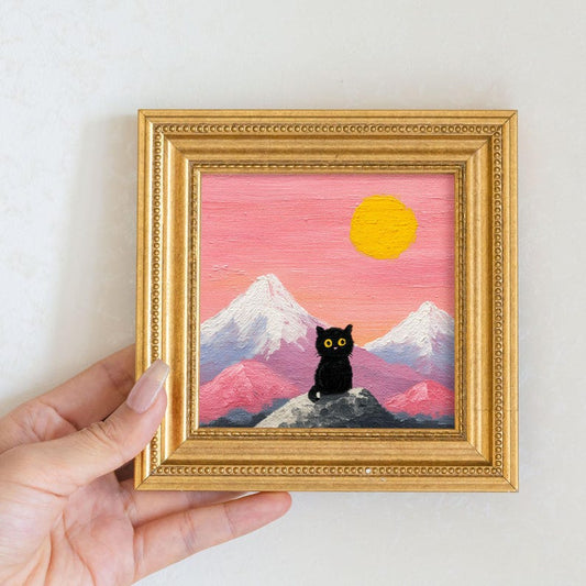 Mini Black Cat Oil Painting: Mystical Kitty Portrait in Golden Frame