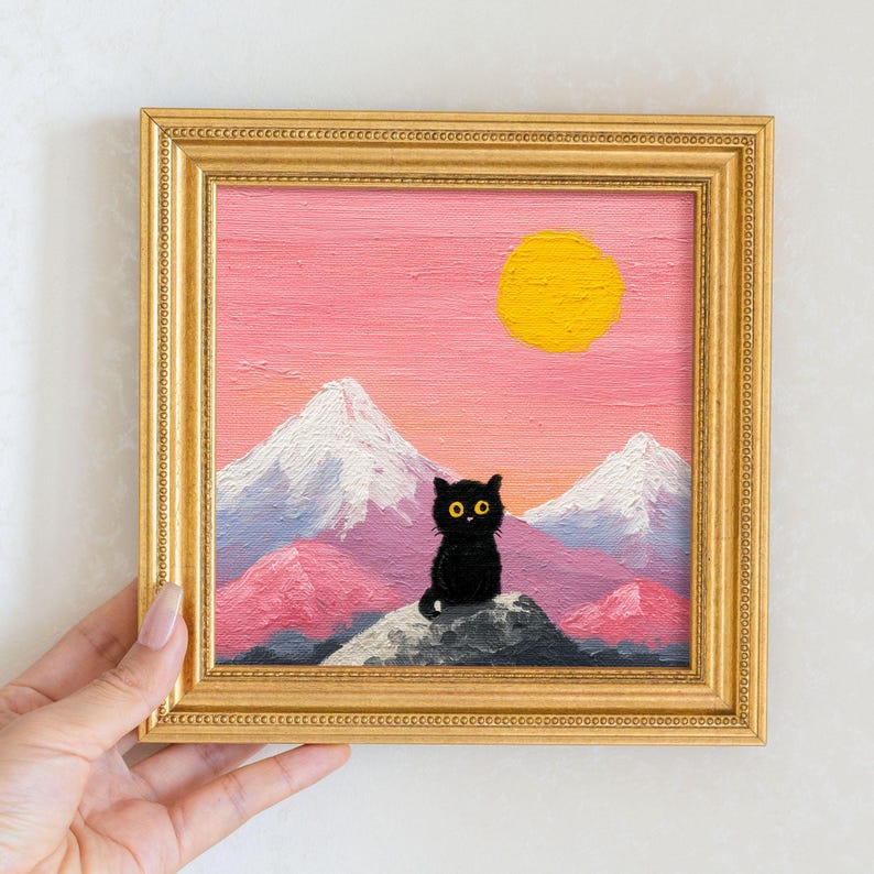 Mini Black Cat Oil Painting: Mystical Kitty Portrait in Golden Frame