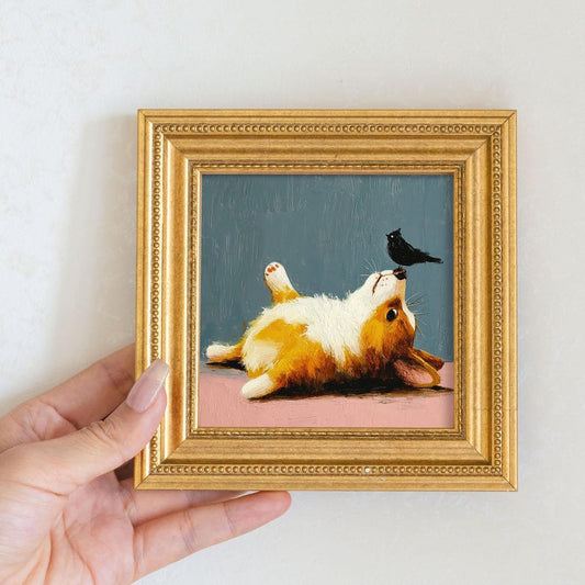 Mini Corgi Oil Painting: Playful Puppy Portrait in Golden Frame