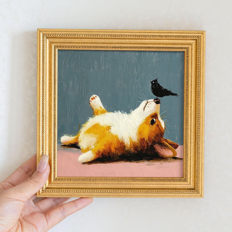Mini Corgi Oil Painting: Playful Puppy Portrait in Golden Frame