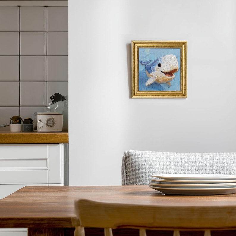 Mini Whale Oil Painting: Golden Beaded Frame, Ocean Animal Wall Art
