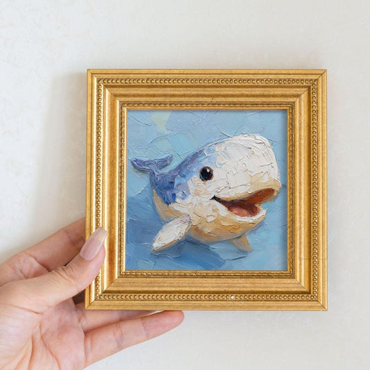 Mini Whale Oil Painting: Golden Beaded Frame, Ocean Animal Wall Art