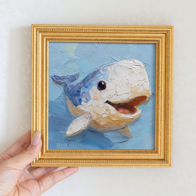 Mini Whale Oil Painting: Golden Beaded Frame, Ocean Animal Wall Art